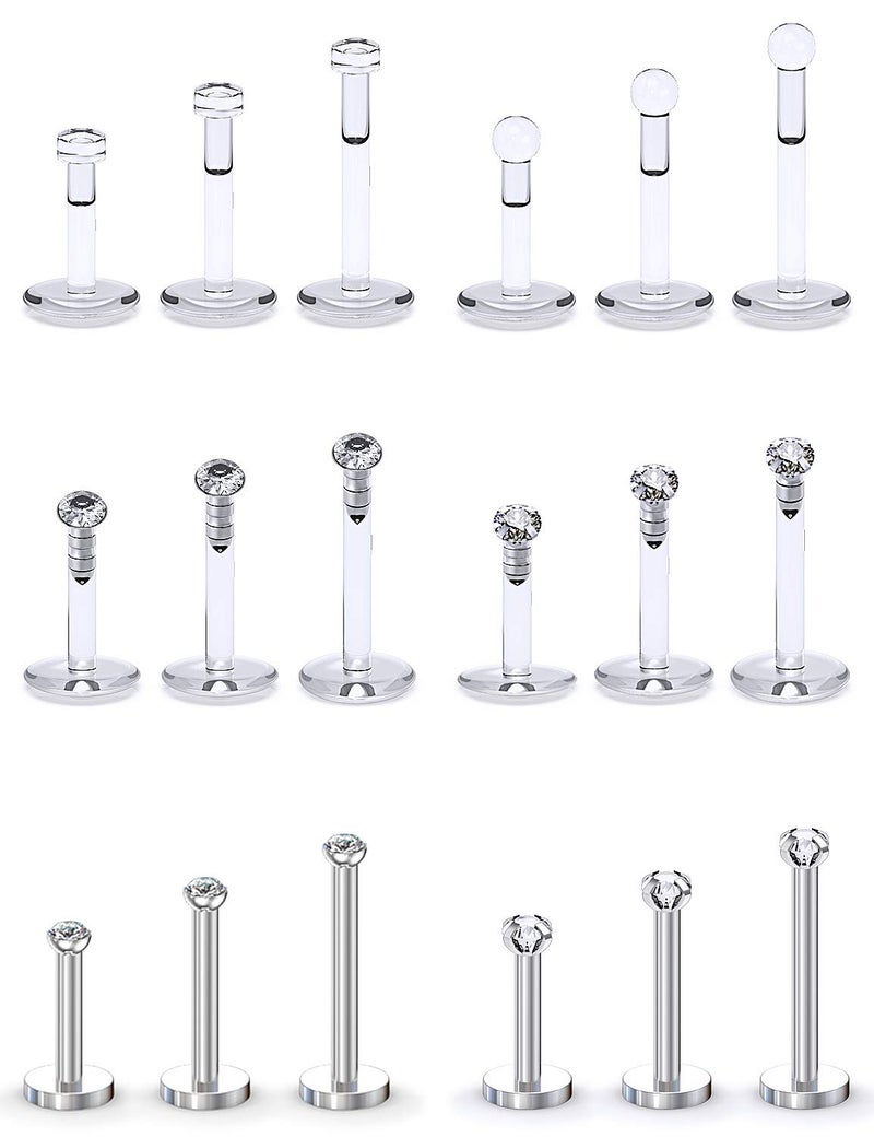 SCERRING 16G Lip Rings 2mm Clear CZ Internally Threaded Labret Monroe Lip Ring Tragus Nail Helix Earring Stud Piercing Jewelry Bar Length 6mm 8mm 10mm 18PCS - Image 1